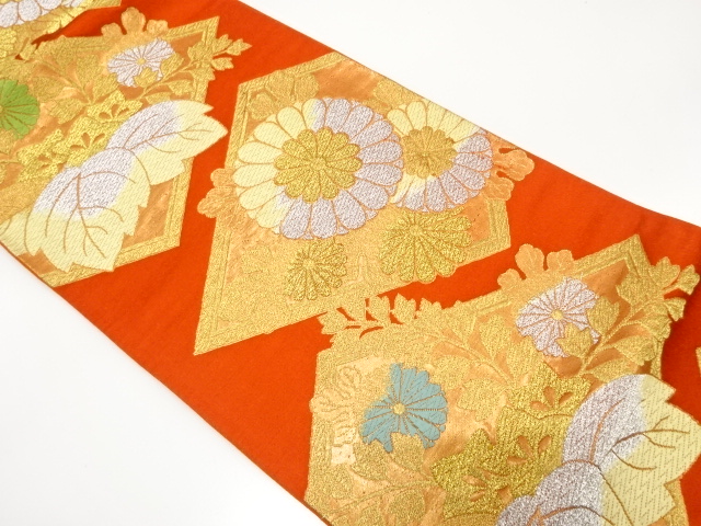 JAPANESE KIMONO / ANTIQUE FUKURO OBI / SILK / WOVEN KIKU & PAULOWNIA